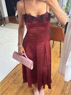 Lace-Trim Burgundy Satin Midi Dress